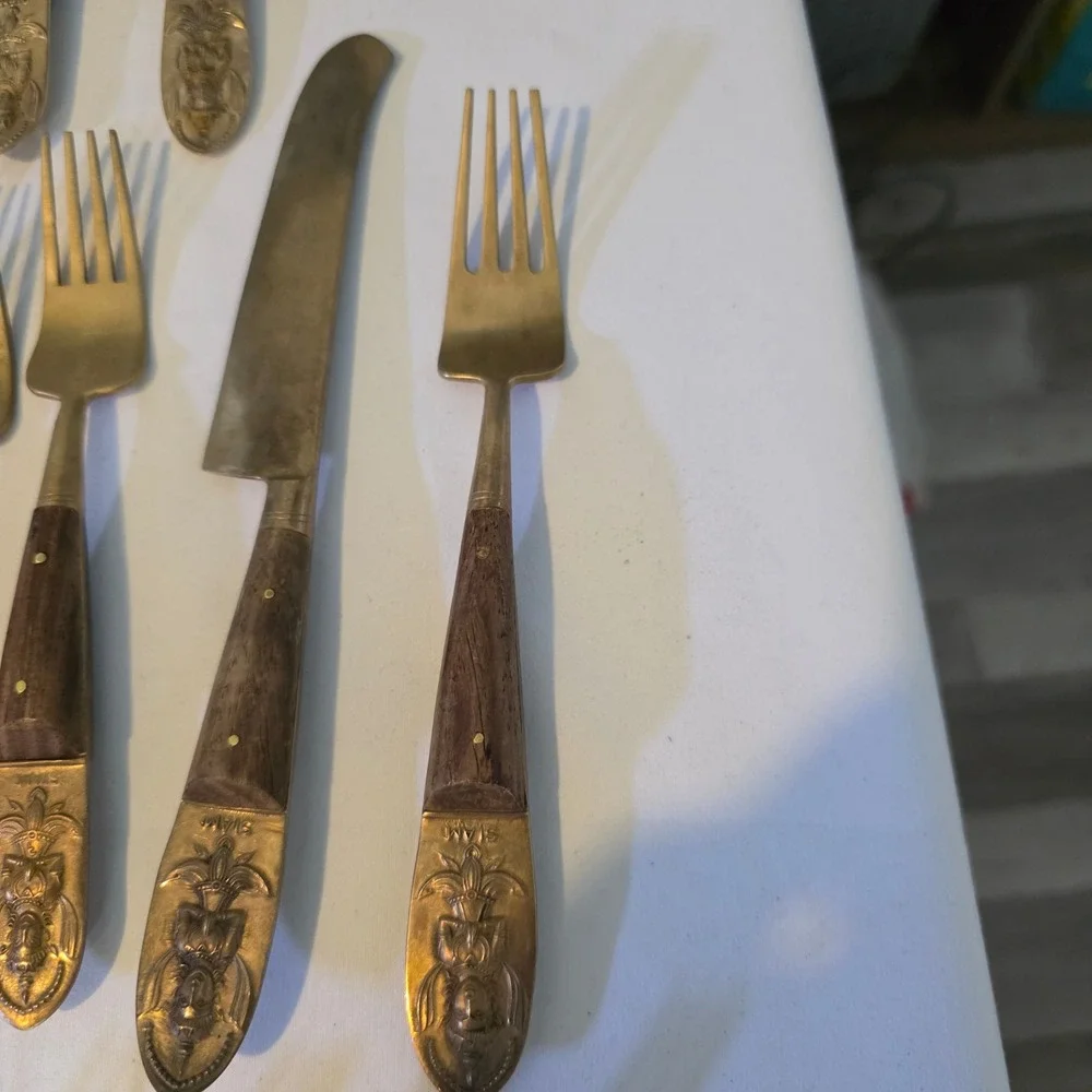 Vintage Siam Bronze Wood Flatware Set 28pc Thai Deity Brass Mid Century Modern‎